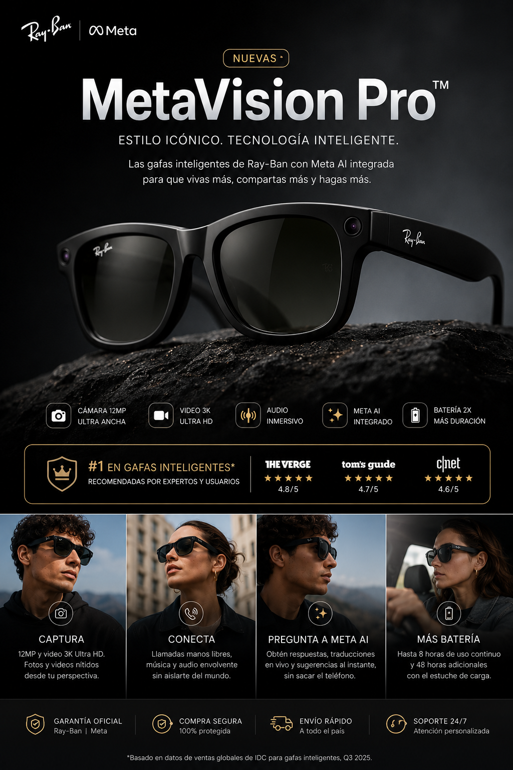 🕶️ MetaVision Pro™ Las gafas inteligentes que graban tu vida en Ultra HD mientras disfrutas música, llamadas y Meta AI sin sacar el celular.