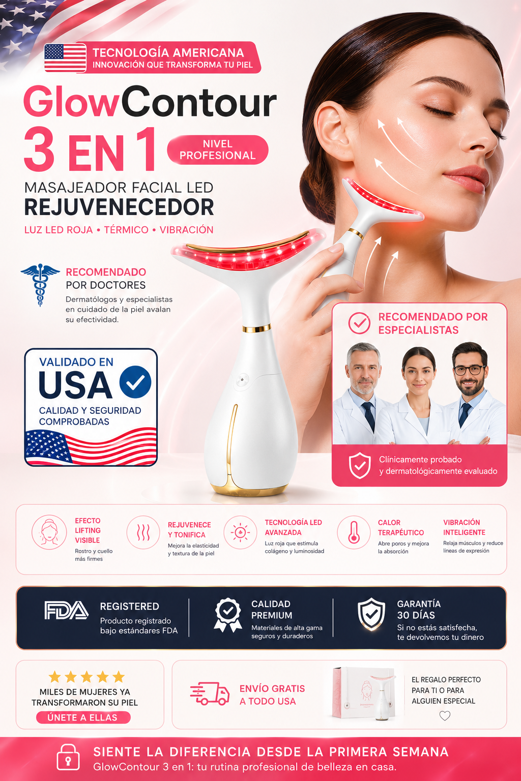 GlowContour 3 en 1 ✨ Masajeador Facial LED Rejuvenecedor