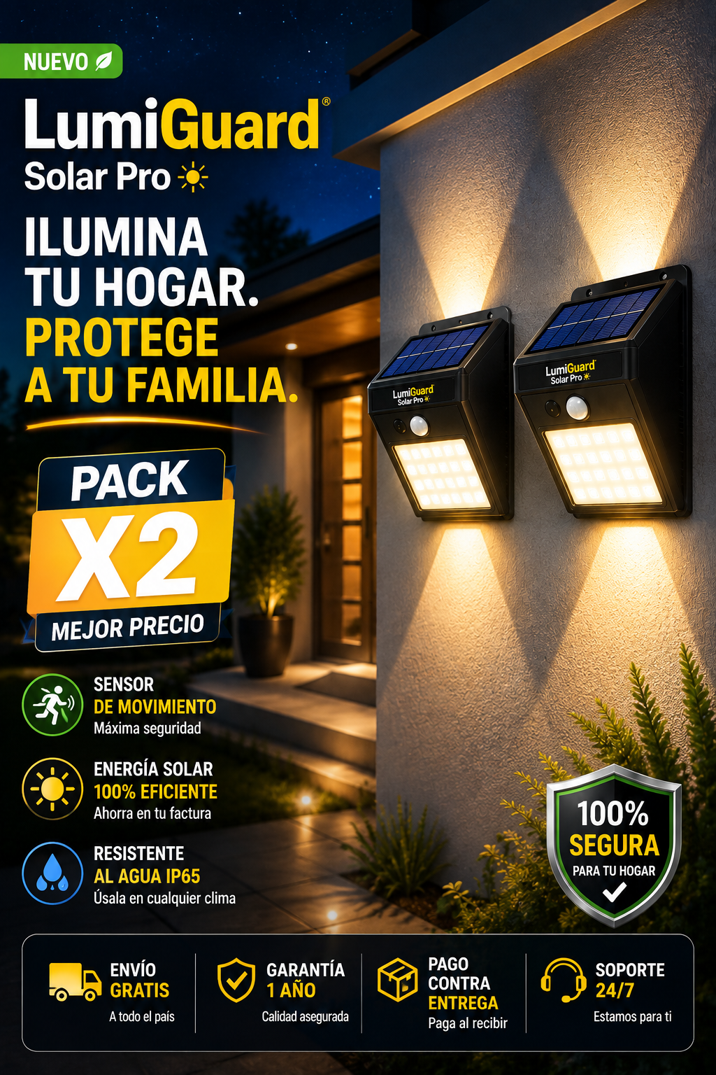 LumiGuard Solar Pro™ | Pack X2 Luces Inteligentes para Exterior con Sensor de Movimiento y Panel Solar ⭐