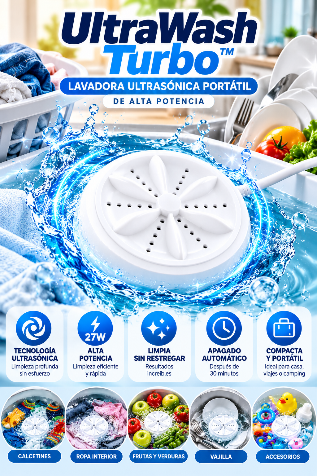 🌊⚡ UltraWash Turbo™ | Lavadora Ultrasónica Portátil de Alta Potencia