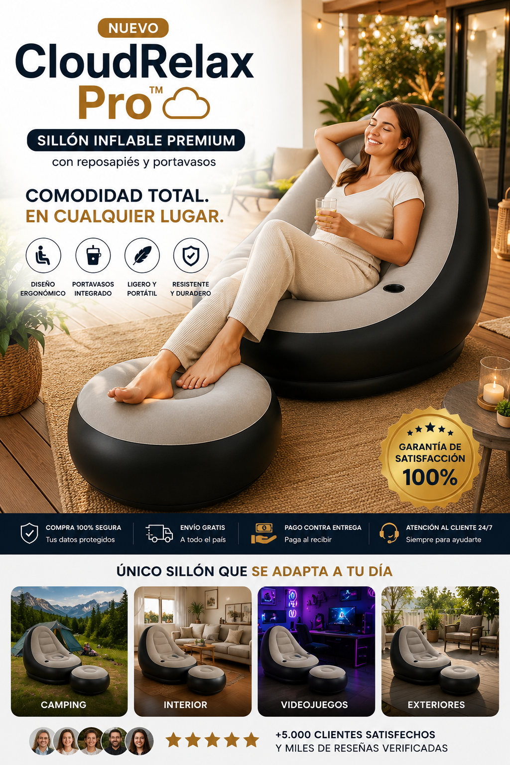 CloudRelax Pro™ ☁️ Sillón Inflable Premium con Reposapiés y Portavasos