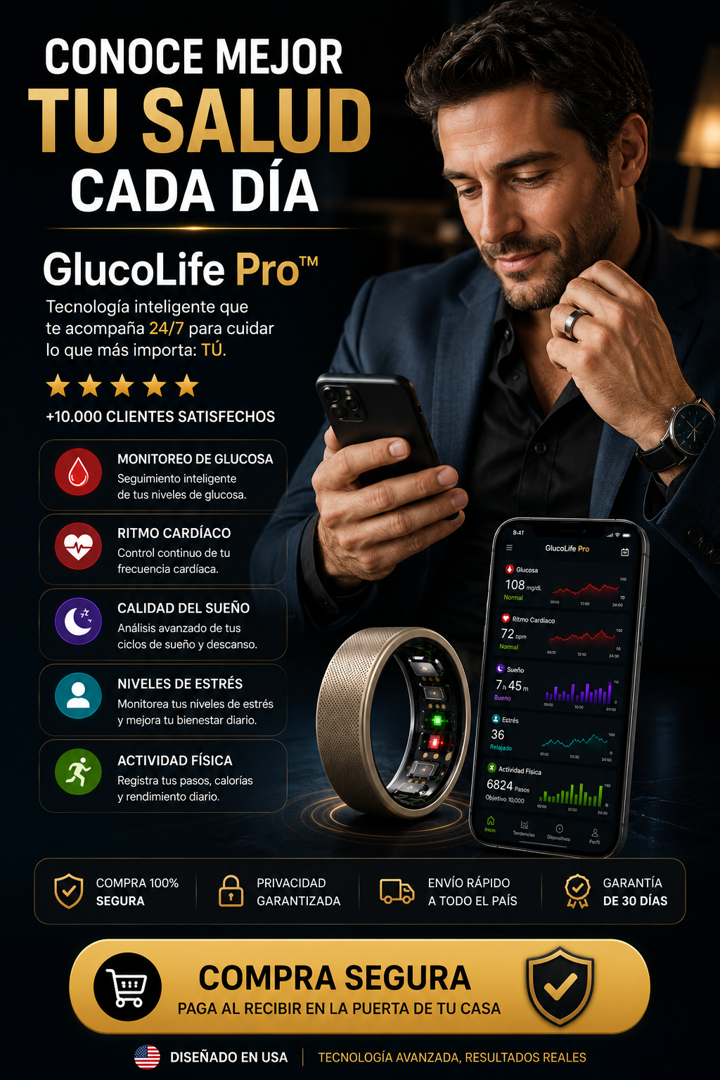 GlucoLife Pro™ | Monitorea tu Glucosa, Sueño y Ritmo Cardíaco