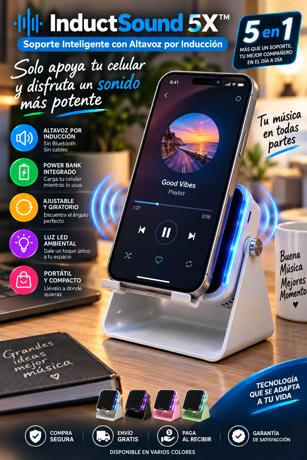 🔊 InductSound 5X™ | Soporte Inteligente con Altavoz por Inducción 5 en 1
