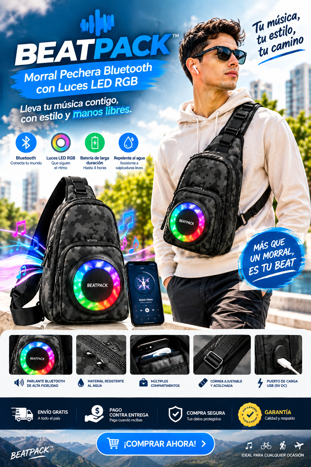 BEATPACK™ Morral Pechera Bluetooth con Luces LED RGB 🎵