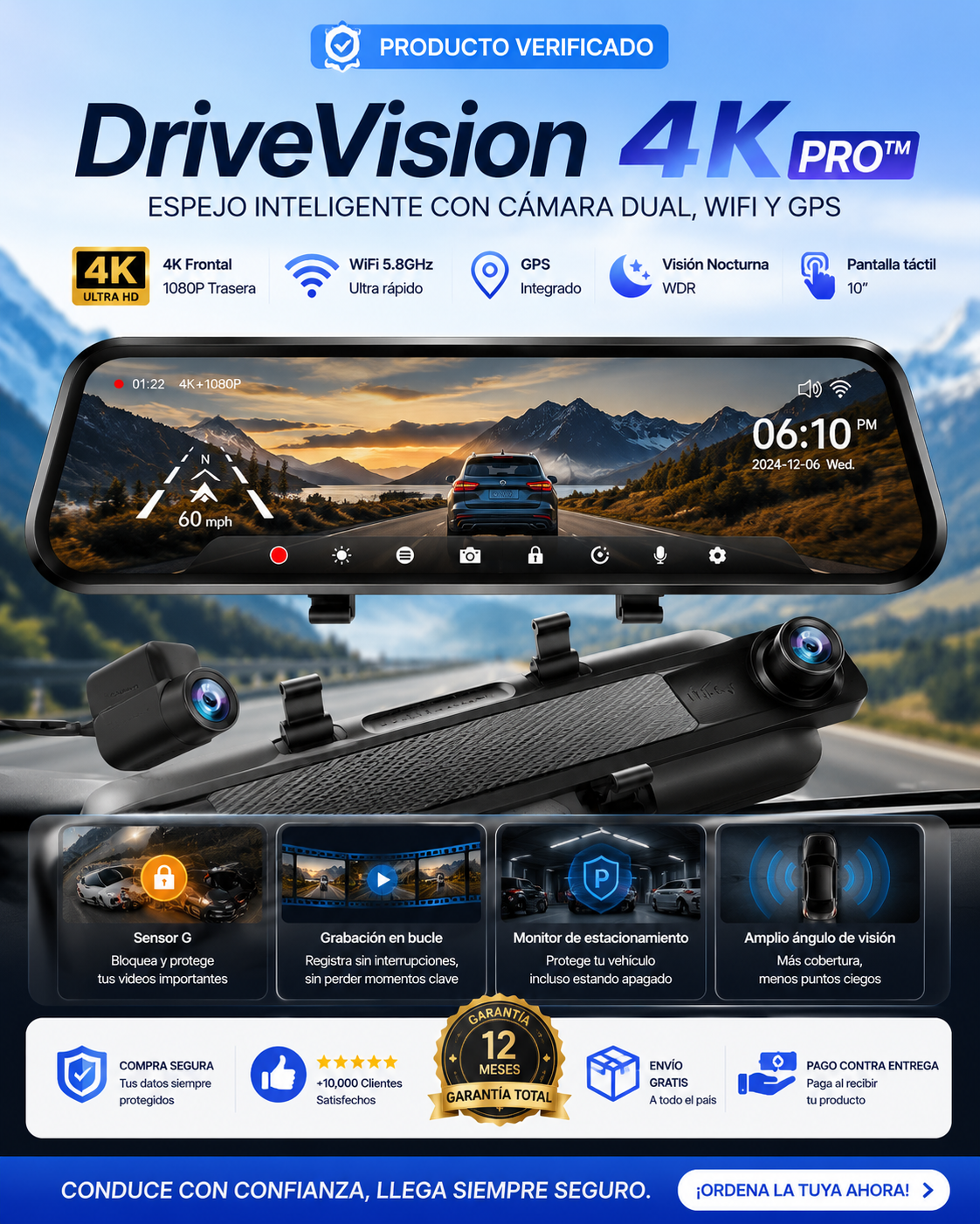 DriveVision 4K Pro™ | Espejo Inteligente con Cámara Dual, WiFi y GPS