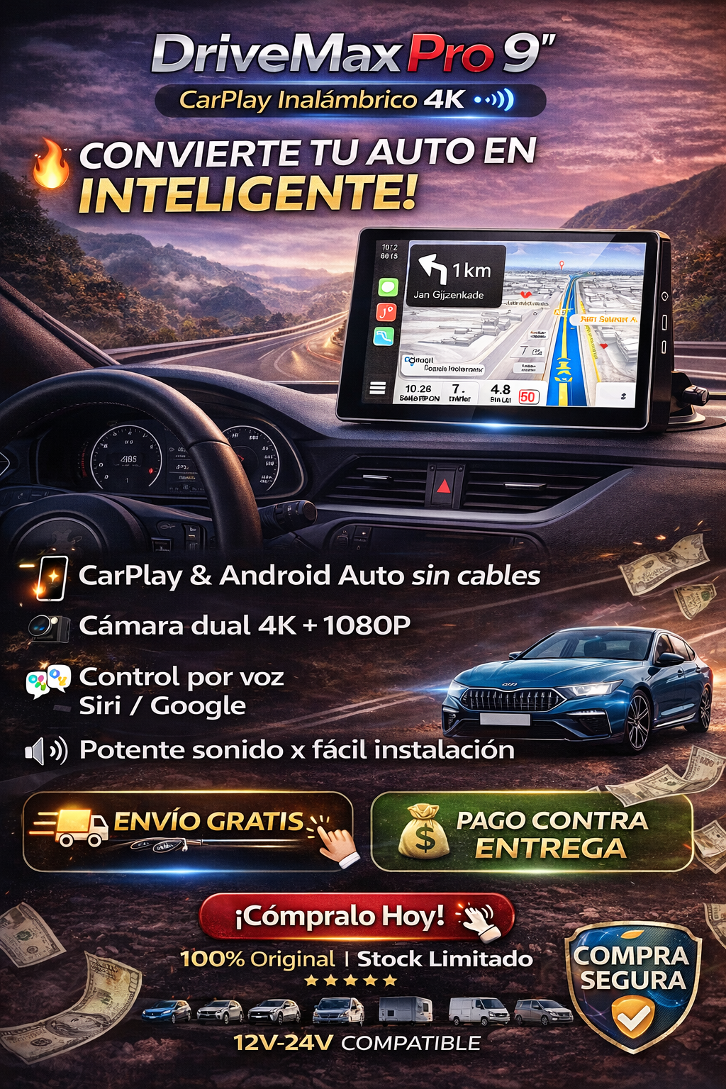 🚘 DriveMax Pro 9” – CarPlay Inalámbrico 4K