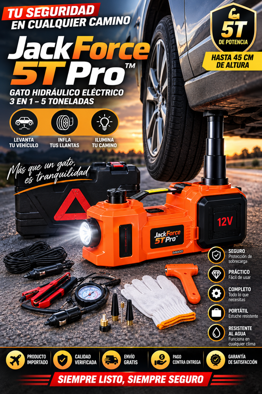 🚗⚡ JackForce 5T Pro™ | Gato Hidráulico Eléctrico 3 en 1 – 5 Toneladas