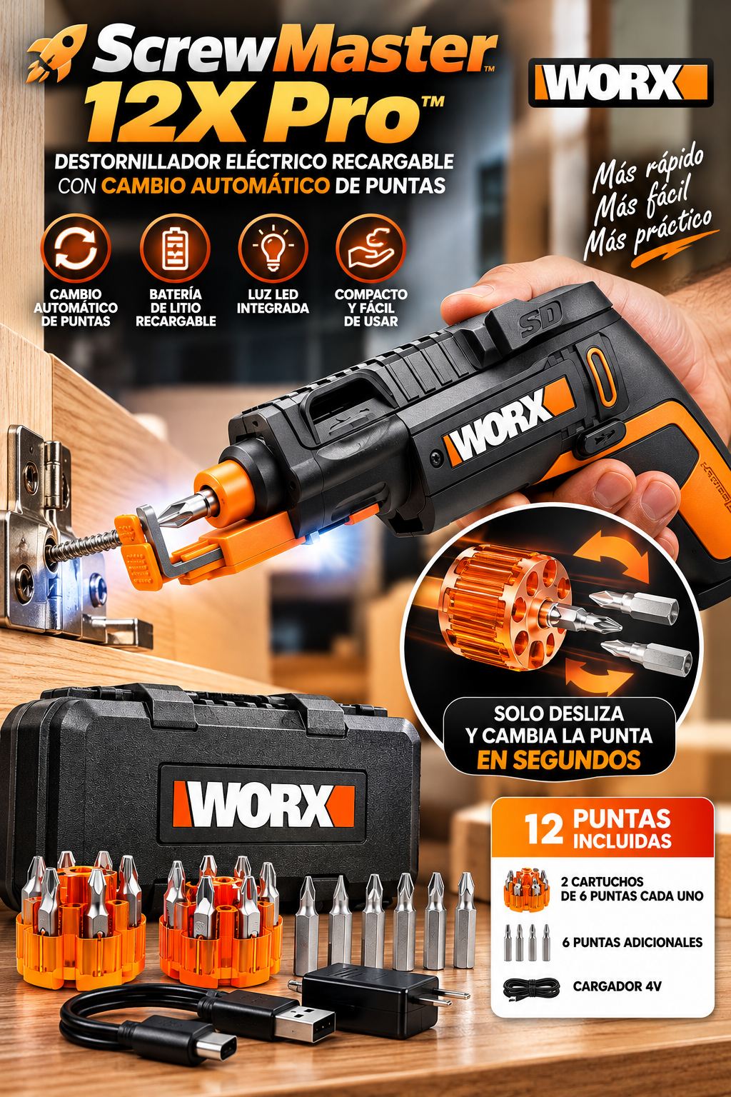 🚀🔧 ScrewMaster 12X Pro™ | Destornillador Eléctrico Recargable con Cambio Automático de Puntas