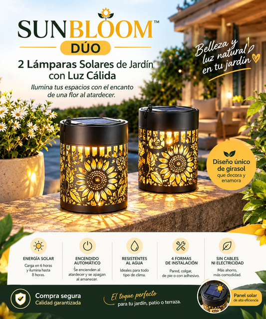 SUNBLOOM™ DÚO 🌻2 Lámparas Solares de Jardín con Luz Cálida Lámparas Solares Decorativas 🌻☀️