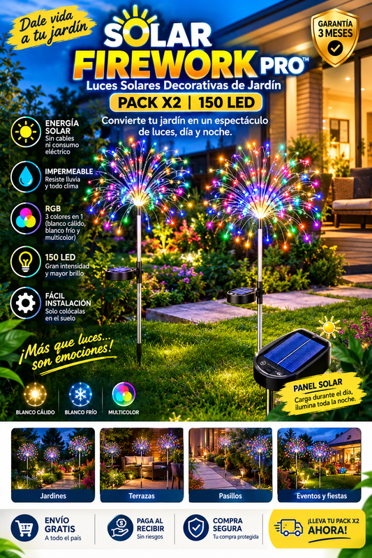 ✨SOLARFIREWORK PRO™ PACK X2 150 LED • Energía Solar • Impermeables • RGB✨