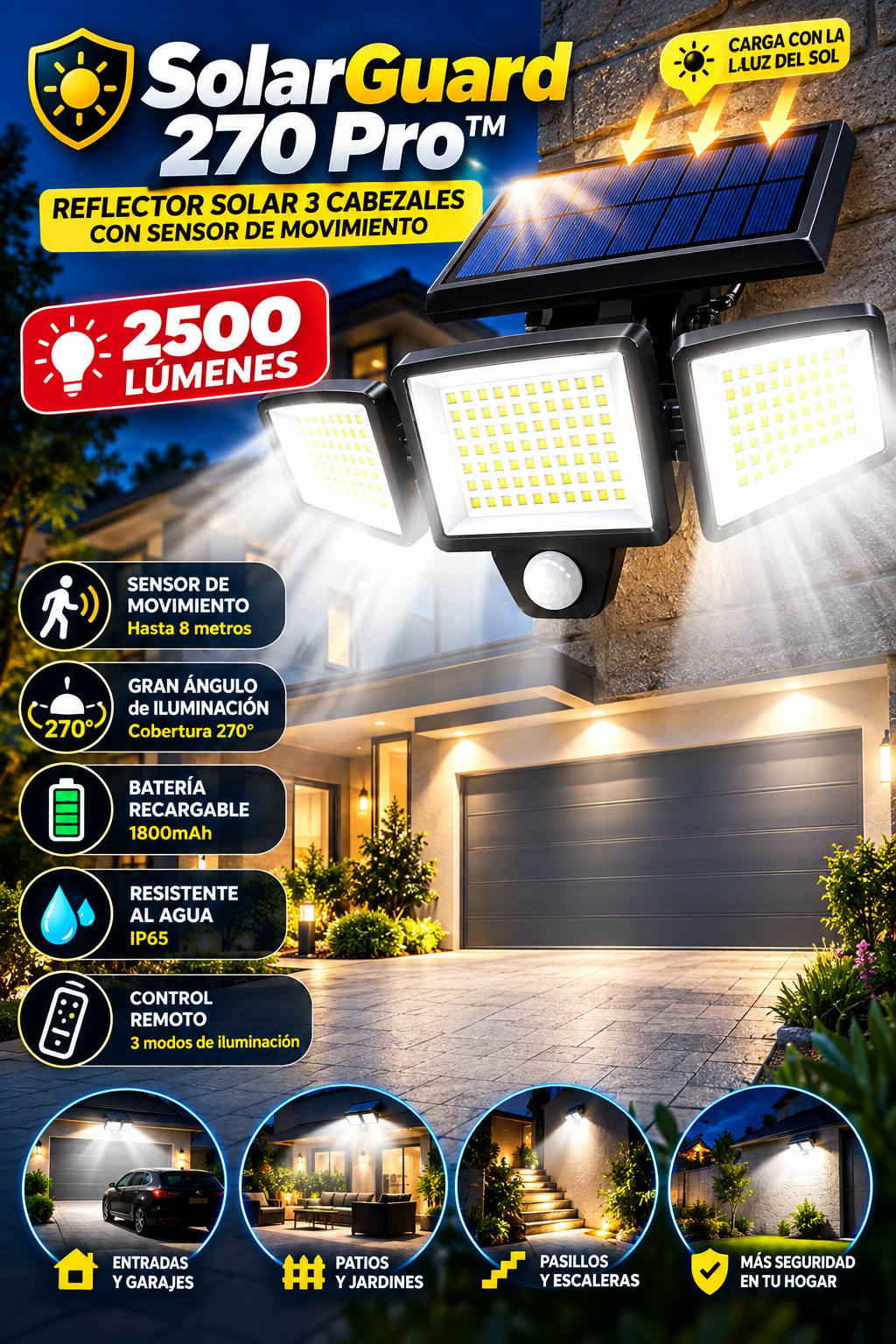 ☀️🛡️ SolarGuard 270 Pro™ | Reflector Solar 3 Cabezales con Sensor de Movimiento