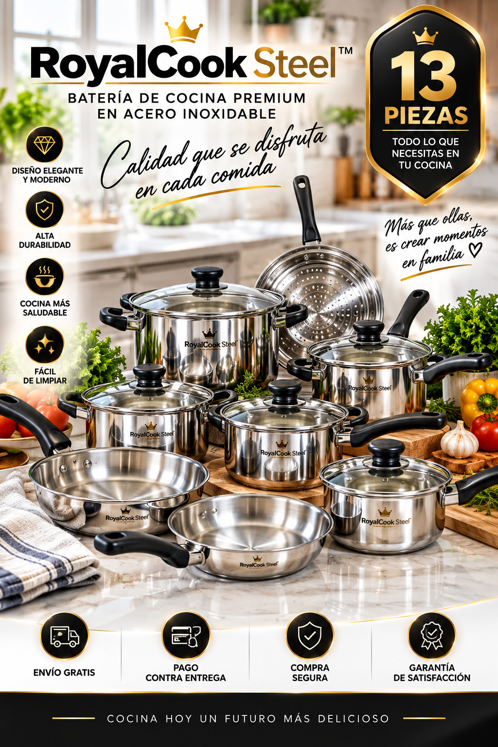 RoyalCook Steel™ | Batería de Cocina Premium en Acero Inoxidable de 13 Piezas