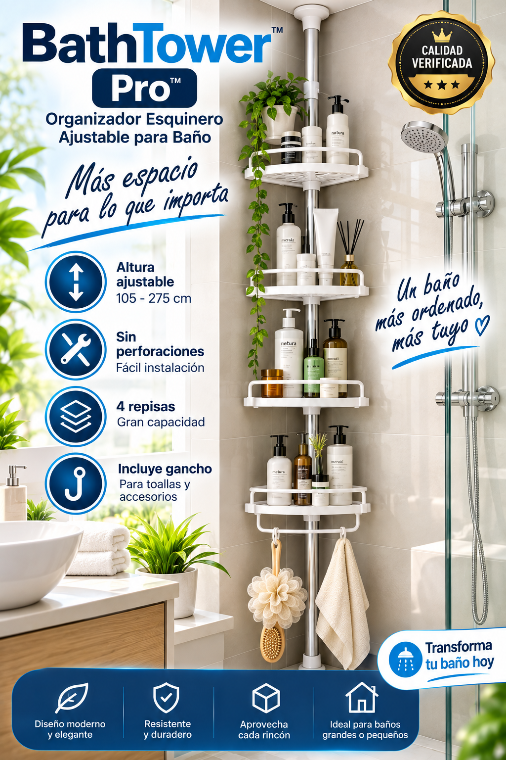 🚿 BathTower Pro™ | Organizador Esquinero Ajustable para Baño