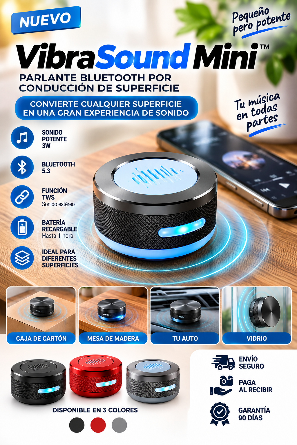 🔊 VibraSound Mini™ | Parlante Bluetooth por Conducción de Superficie