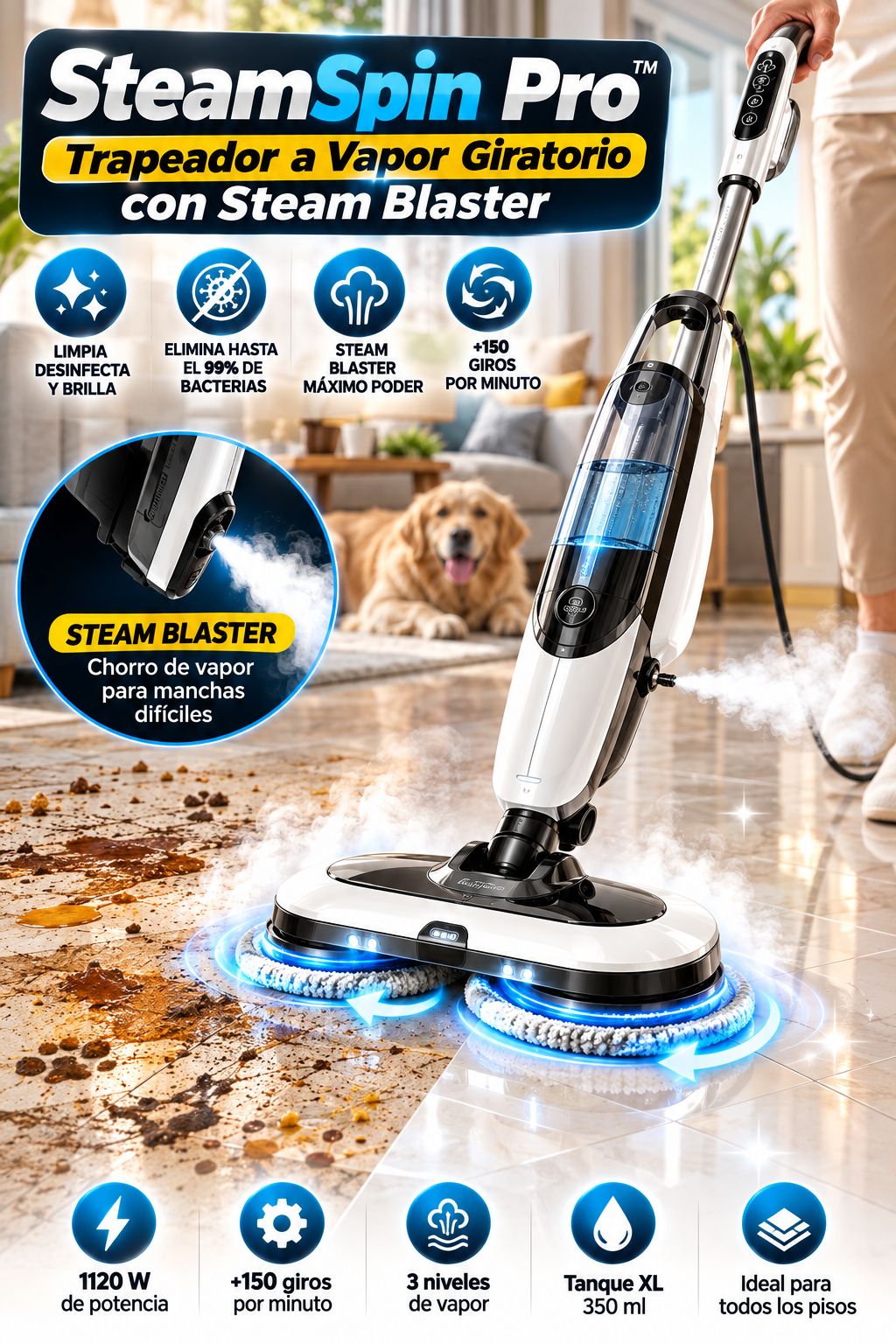 🔥💨 SteamSpin Pro™ | Trapeador a Vapor Giratorio con Steam Blaster