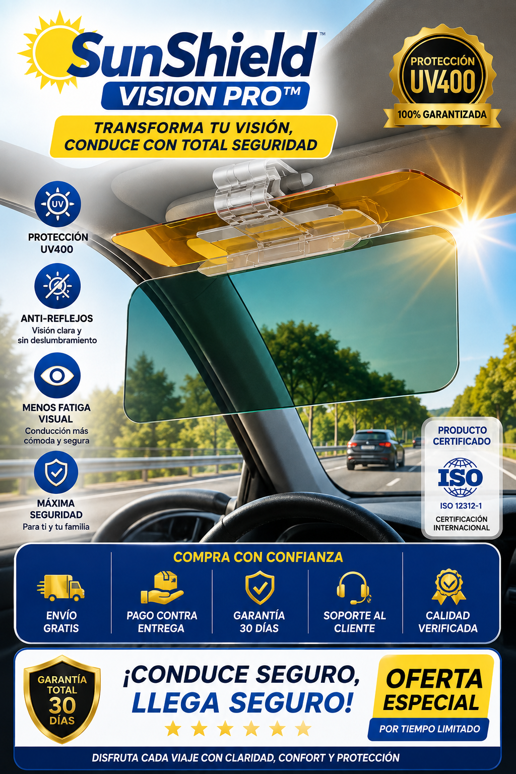 SunShield Vision Pro™ Extensor de Visera Polarizada UV400 para una Conducción Más Segura